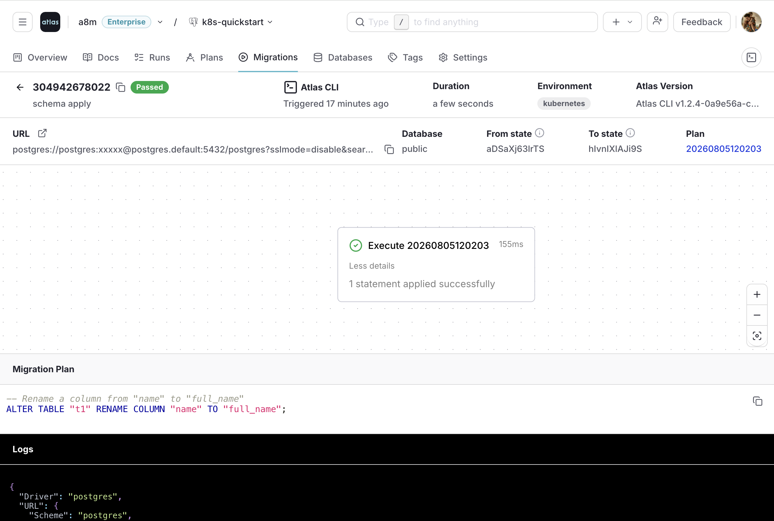 Screenshot of a completed schema apply in Atlas Cloud, showing the executed rename statement, the plan it came from, and the run logs.