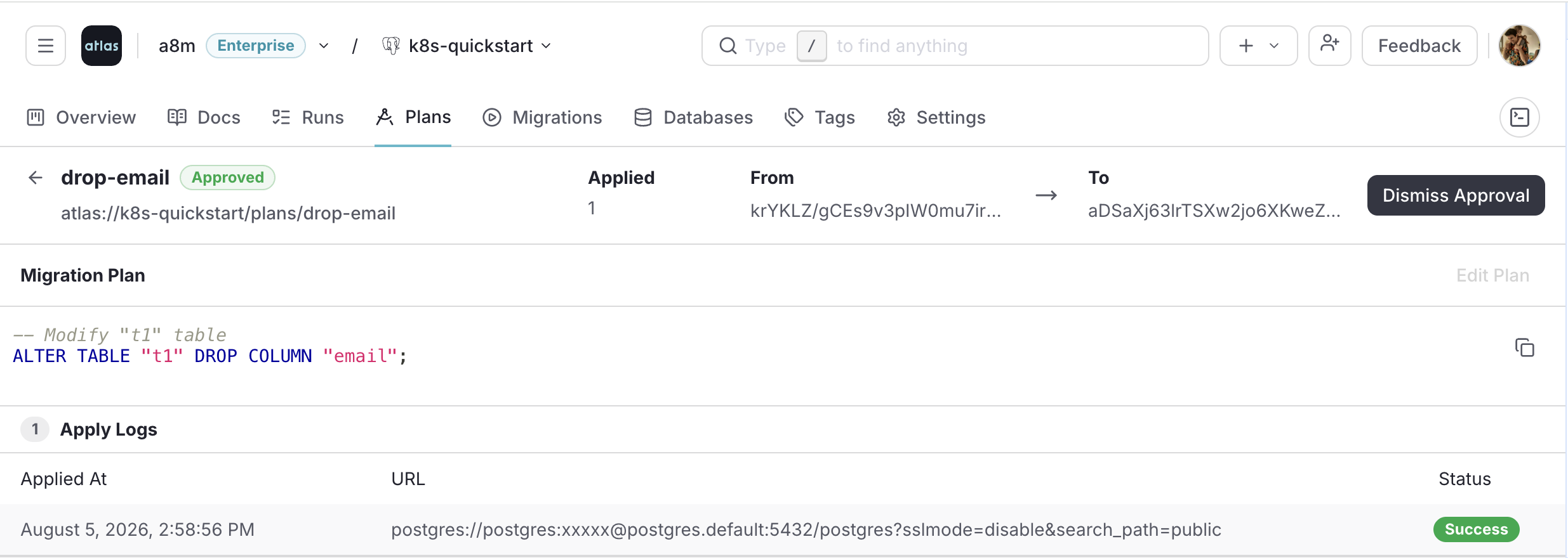Screenshot of the approved drop-email plan in Atlas Cloud, showing its statement and an apply log entry marked Success.