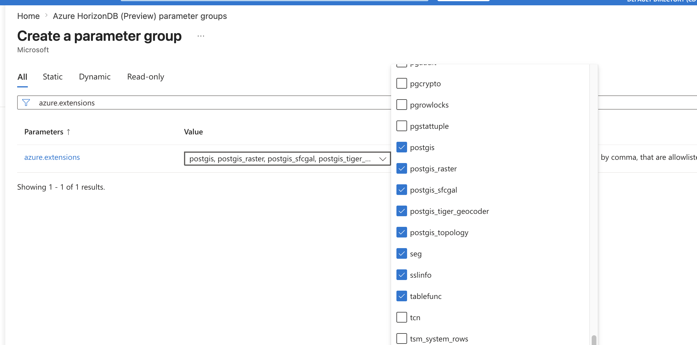 Azure HorizonDB extension settings