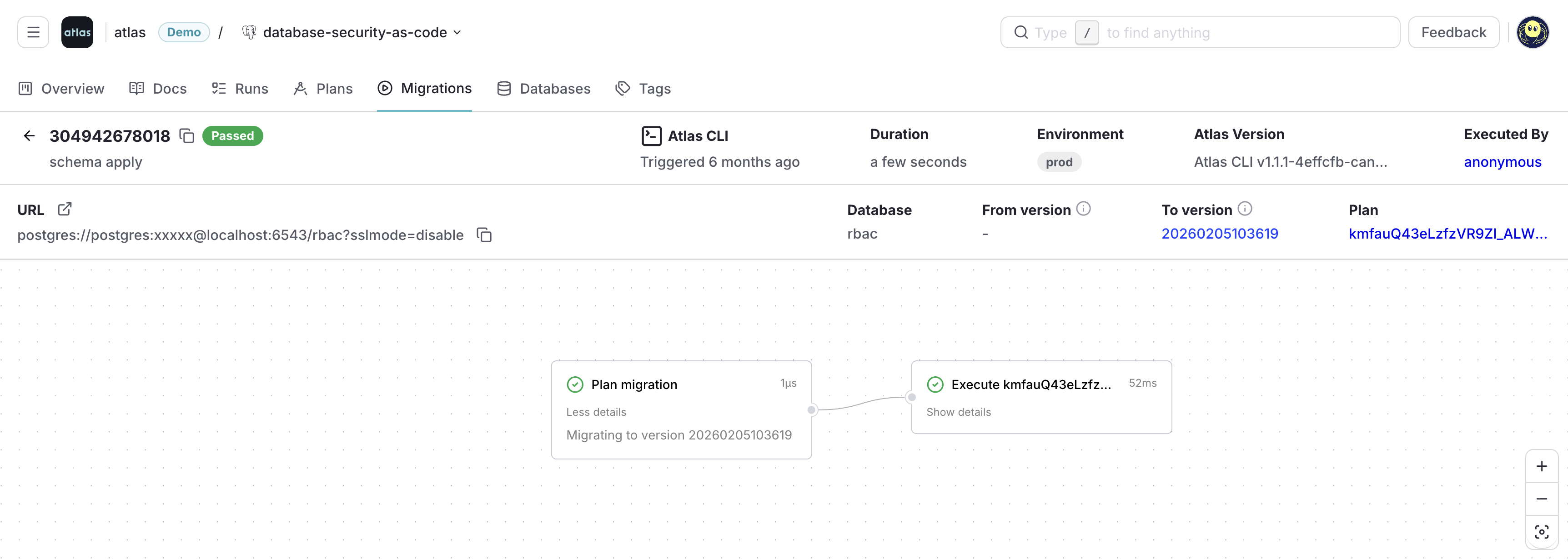 Screenshot of the Atlas Cloud UI showing a successful deployment with pre-migration checks passed.