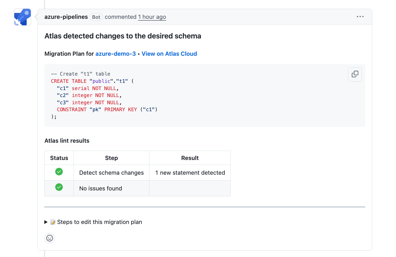 Atlas schema plan output on GitHub PR