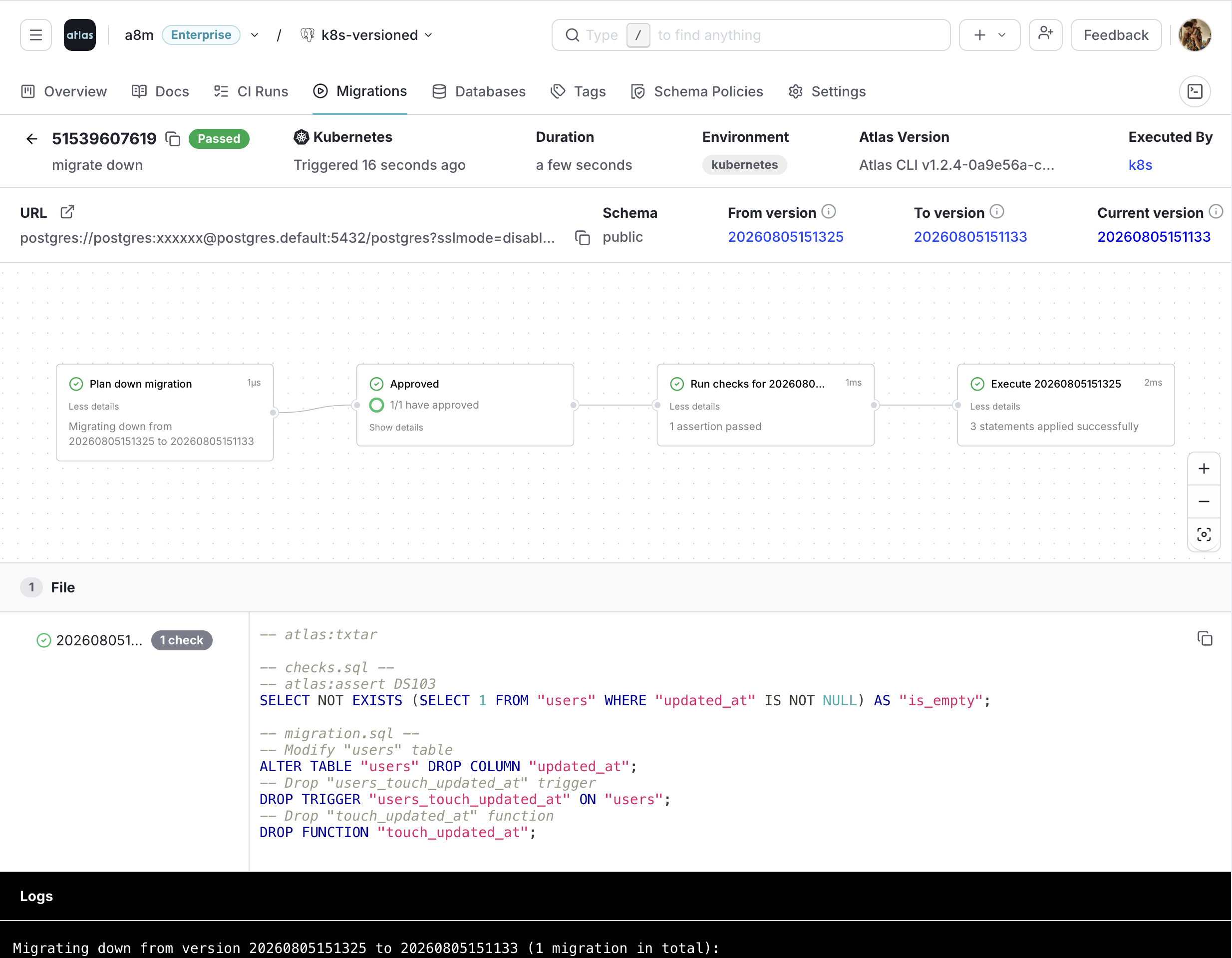 Screenshot of the same down migration after approval, showing the check passing and three statements applied.
