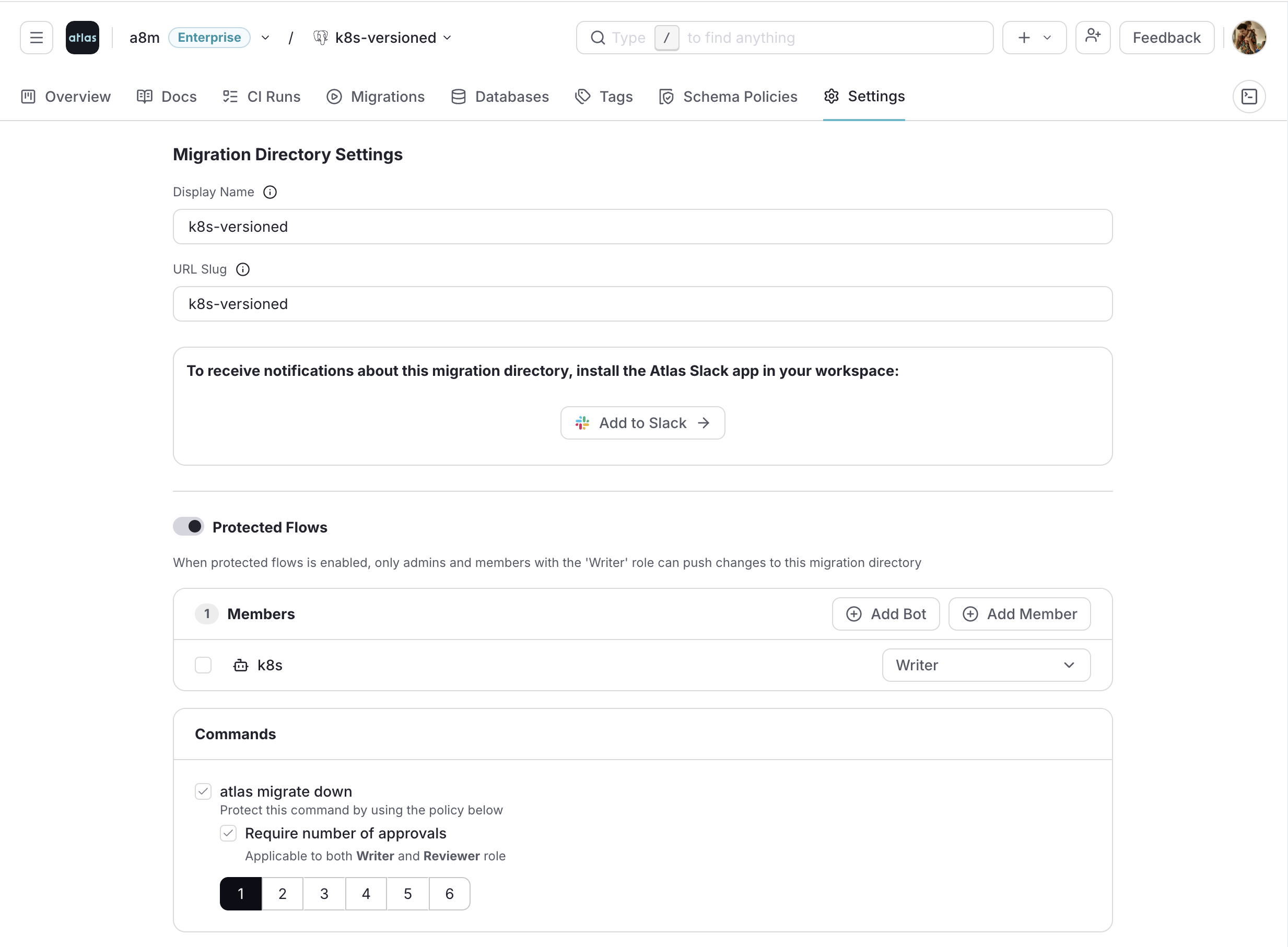 Screenshot of the migration directory settings in Atlas Cloud, with Protected Flows enabled and approvals required for the atlas migrate down command.