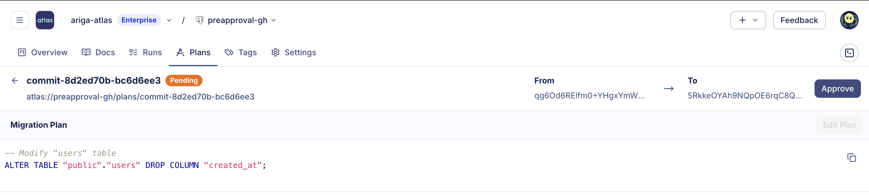 Atlas Registry UI showing a migration plan that requires approval