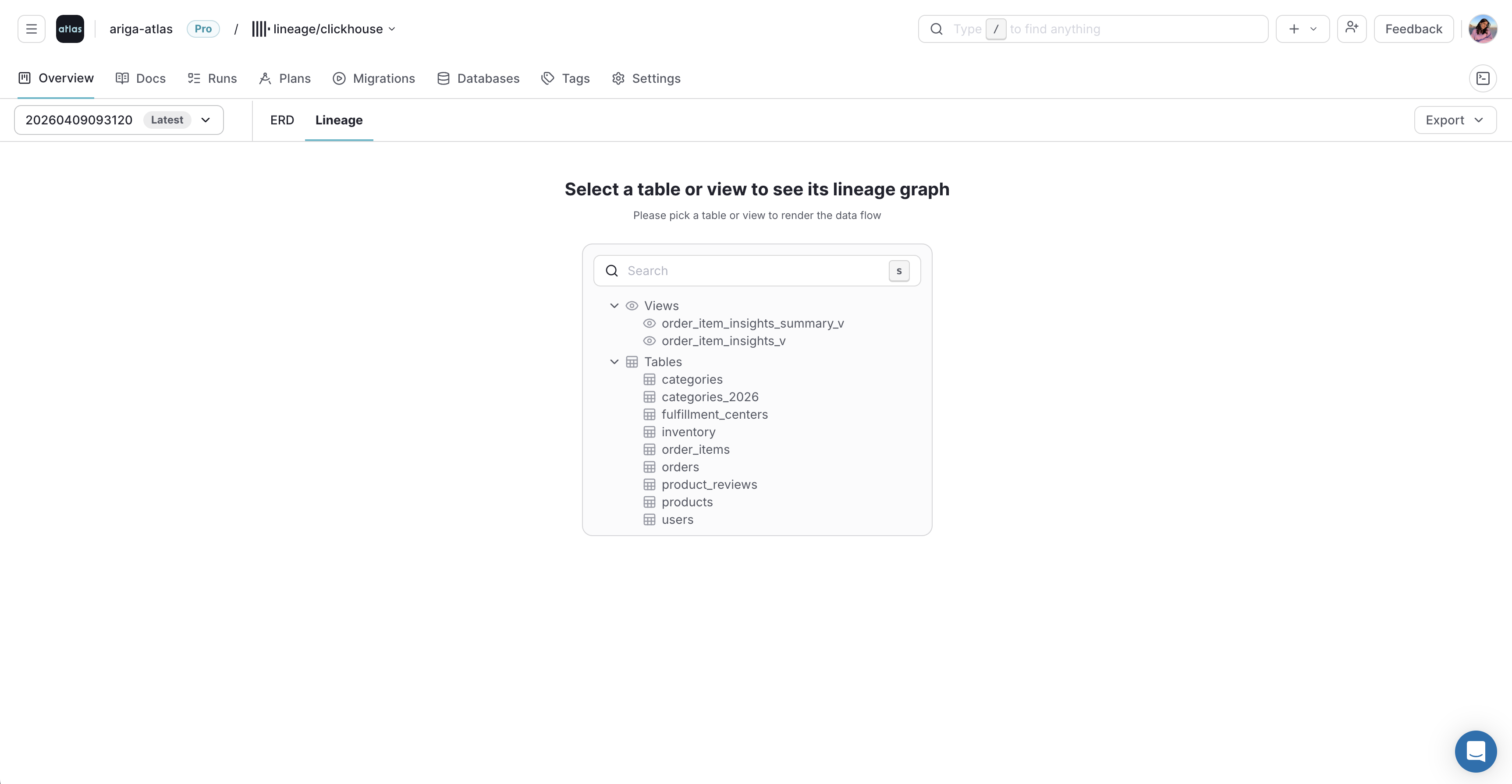 Atlas Cloud overview page with the Lineage tab selected