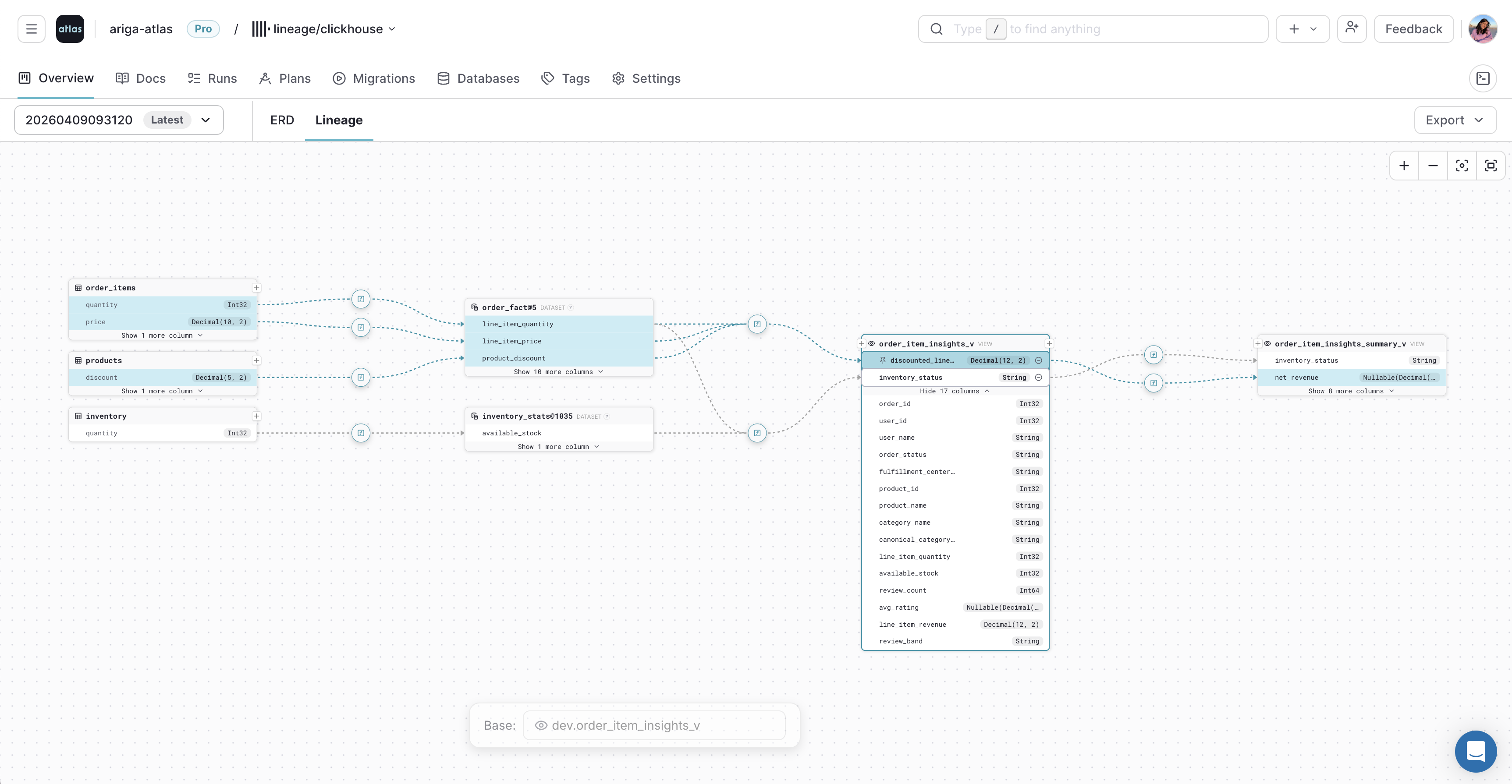 Pinning a selected column in the Atlas Cloud lineage graph