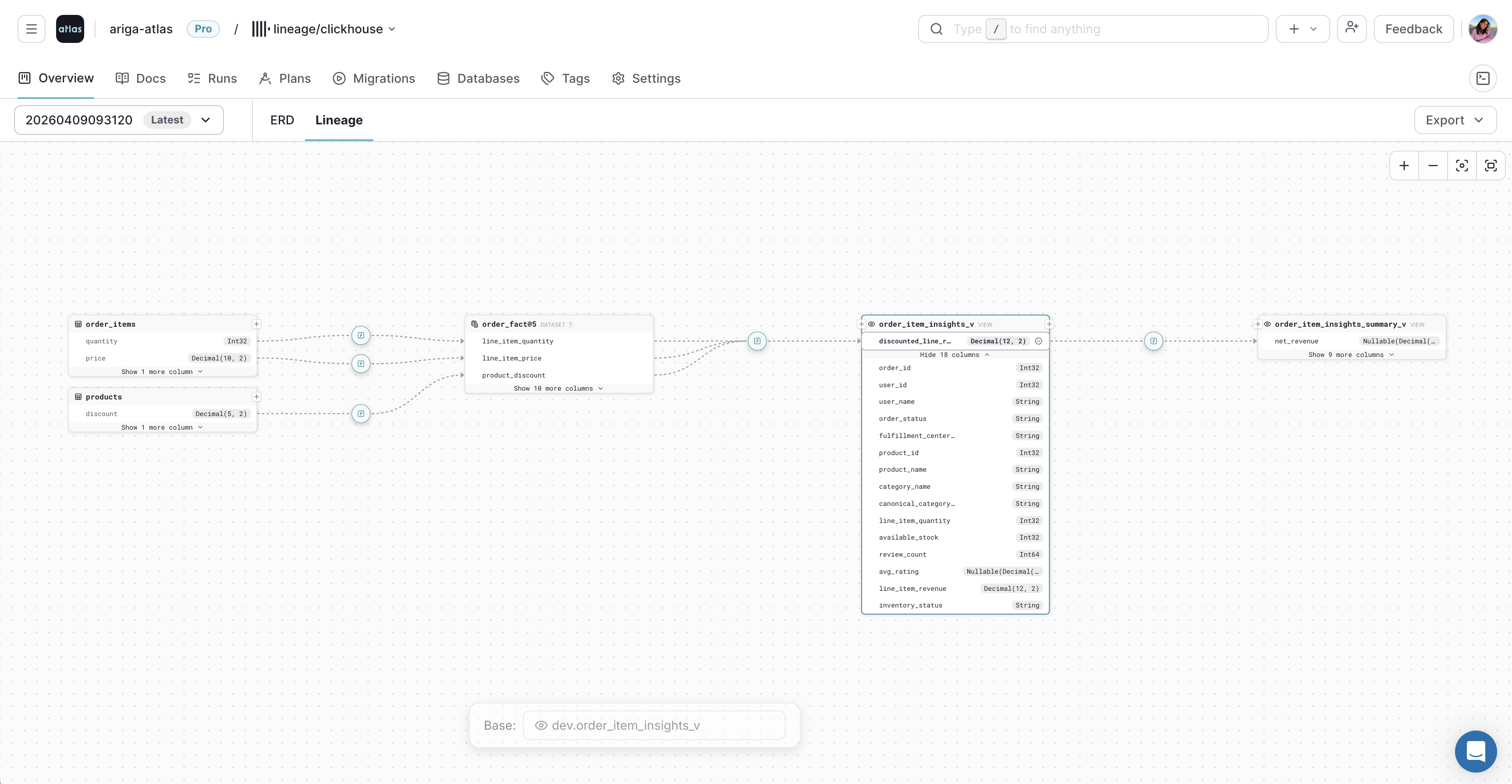 Selecting a column in the Atlas Cloud lineage graph