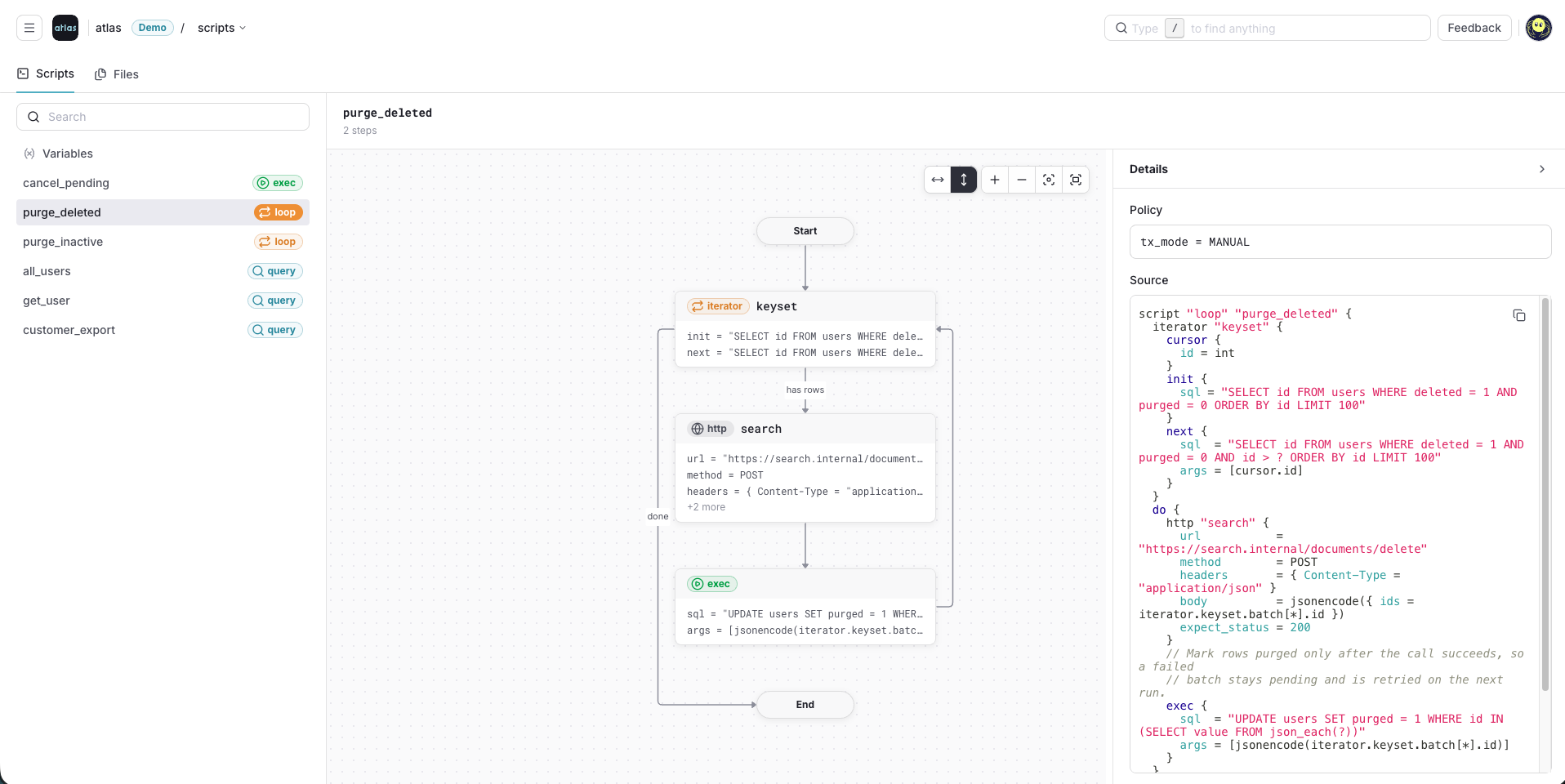 The scripts page in Atlas Cloud, showing a list of pushed scripts, the execution graph of a loop script, and its source and policy in the details panel