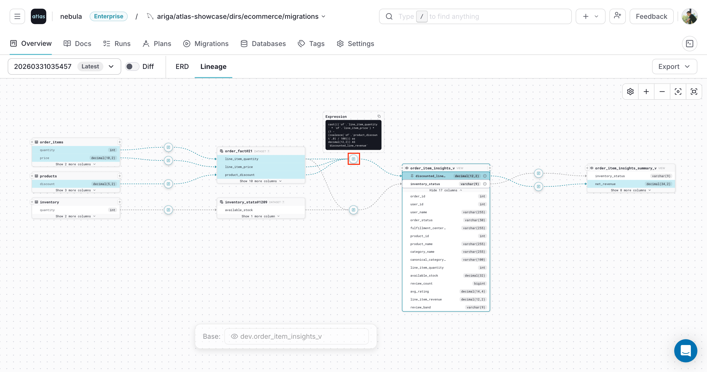 Previewing a transformation expression from the lineage path in Atlas Cloud