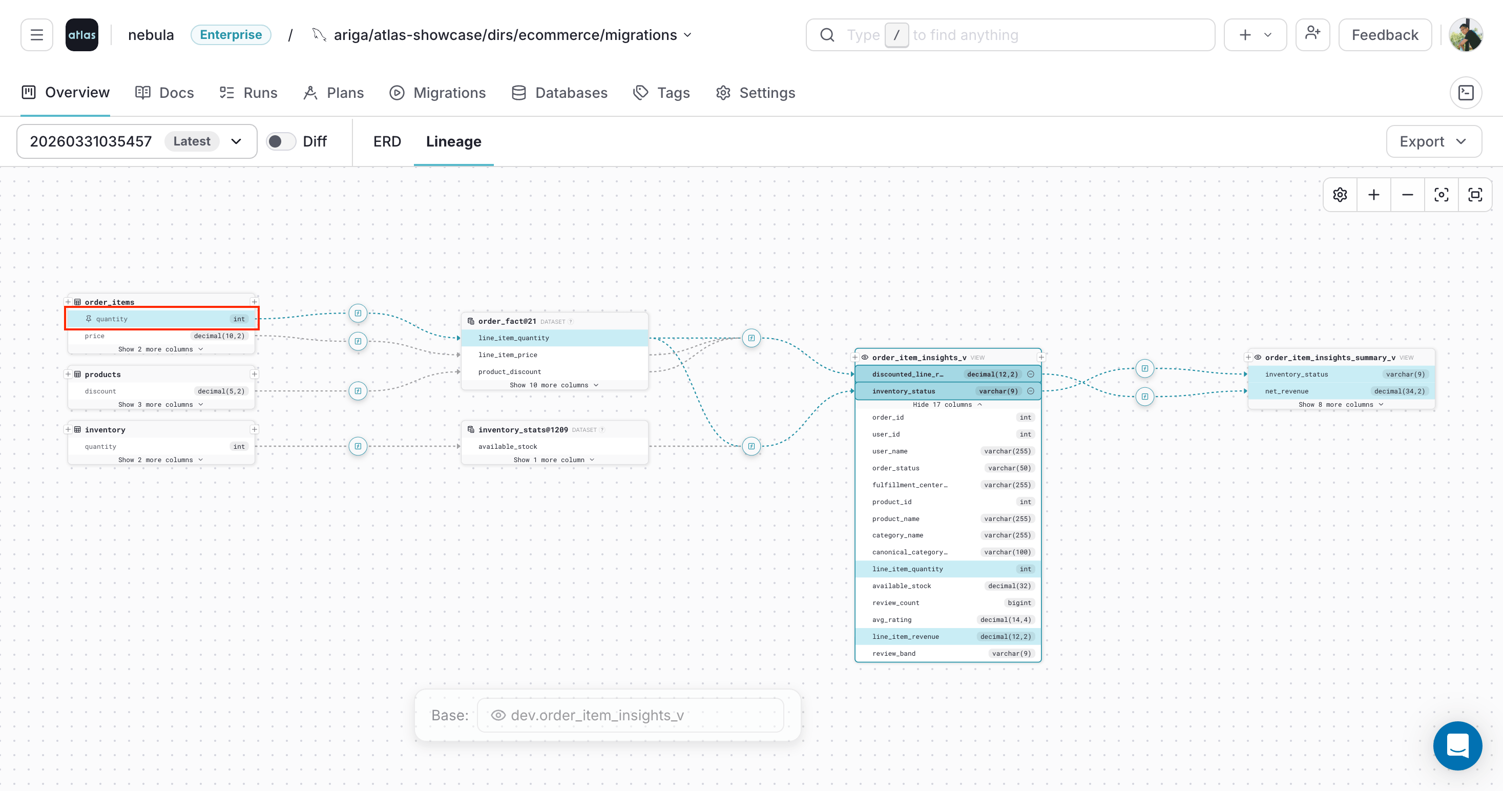 Pinning a related column from the selected lineage path in Atlas Cloud