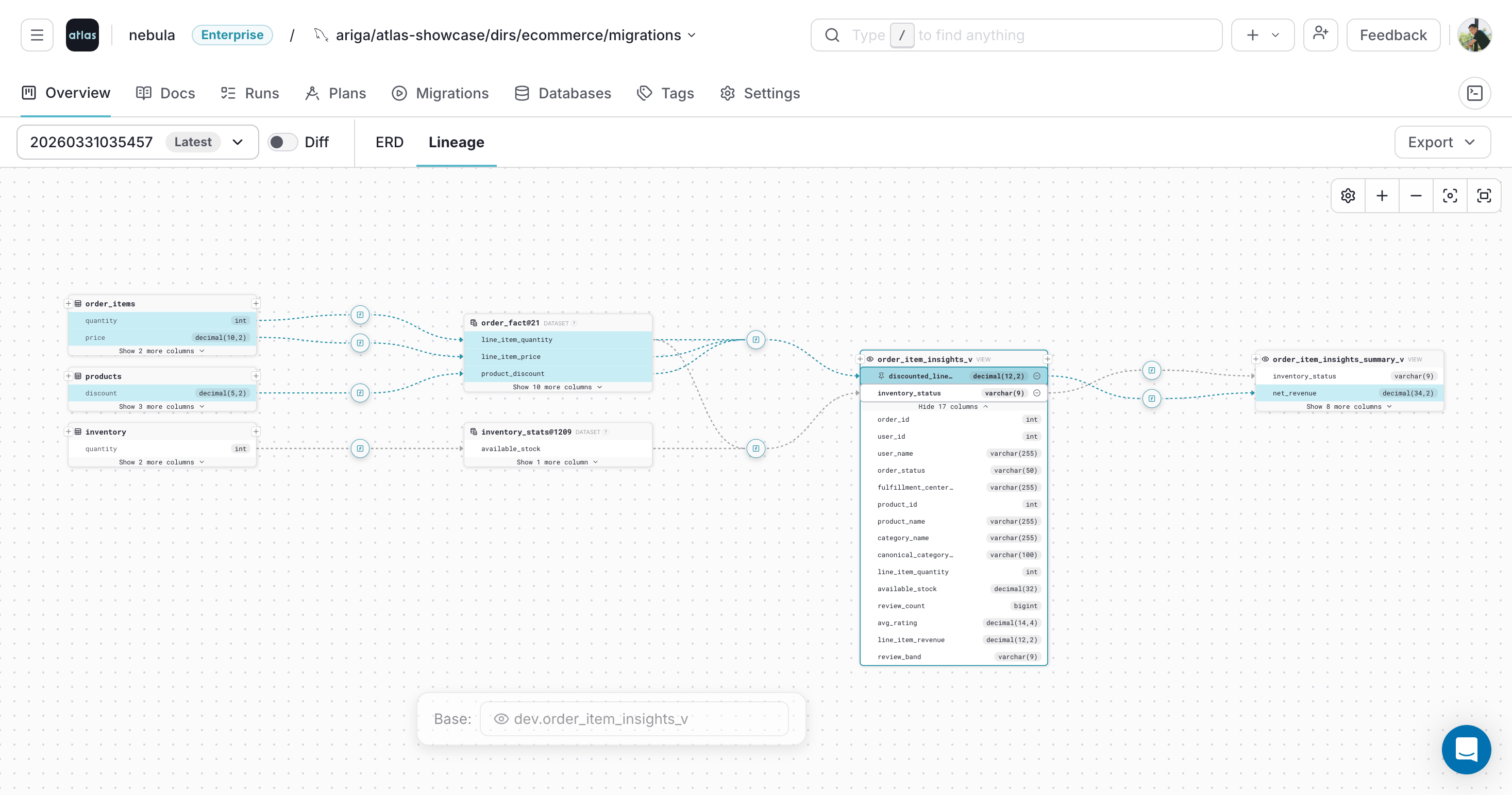 Pinning a selected column in the Atlas Cloud lineage graph