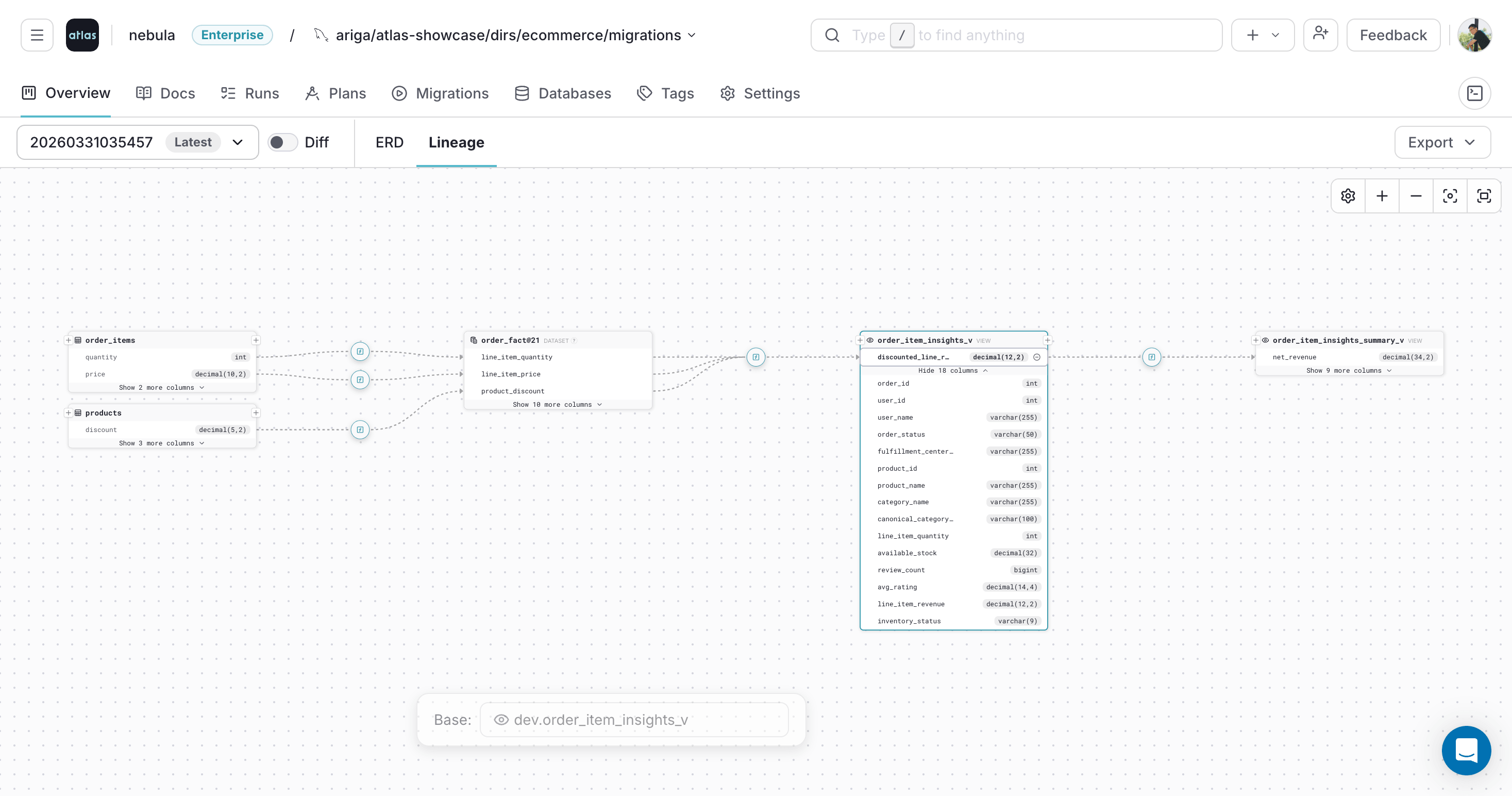 Selecting a column in the Atlas Cloud lineage graph