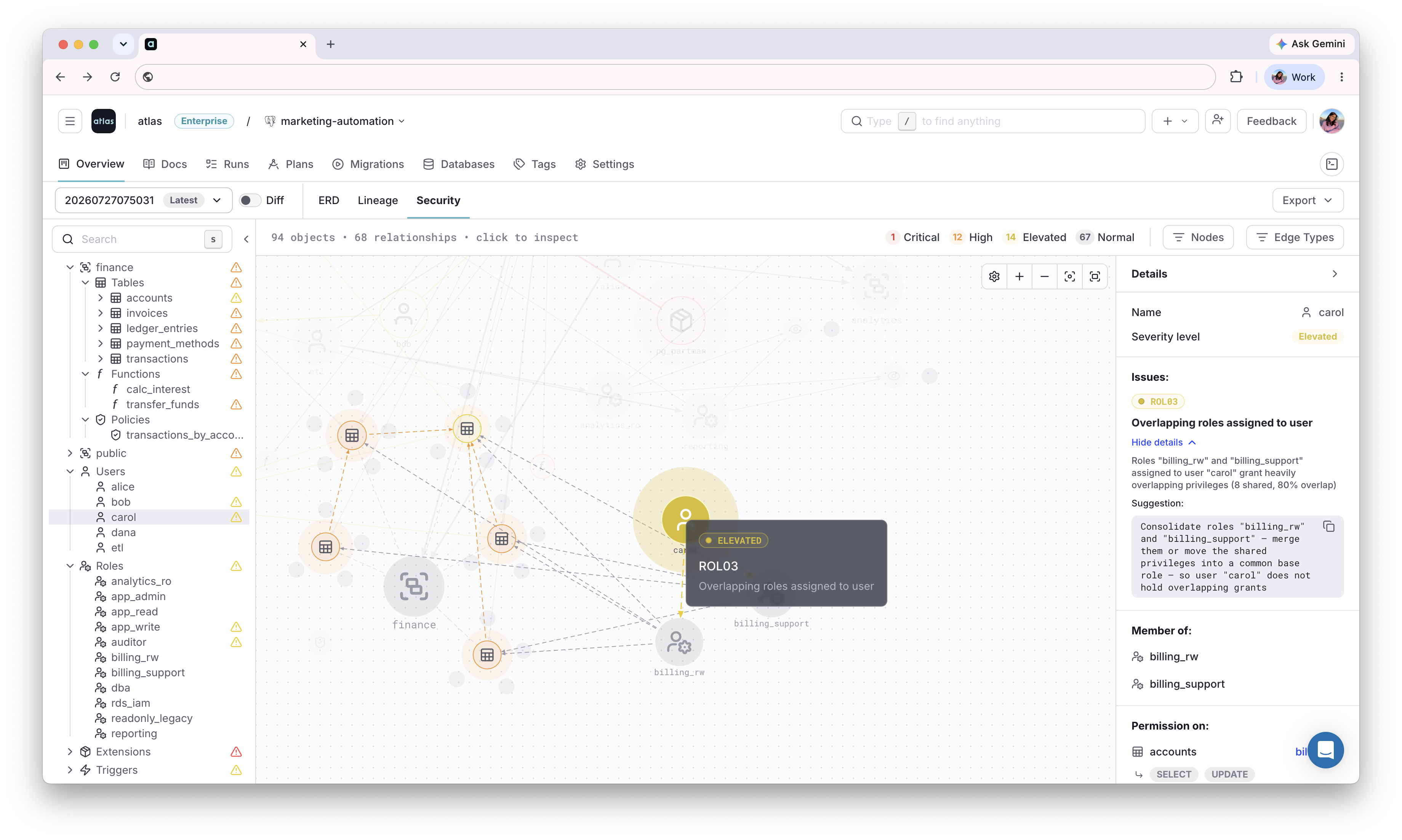 Blast radius highlighted in the Atlas Cloud security graph after selecting a role