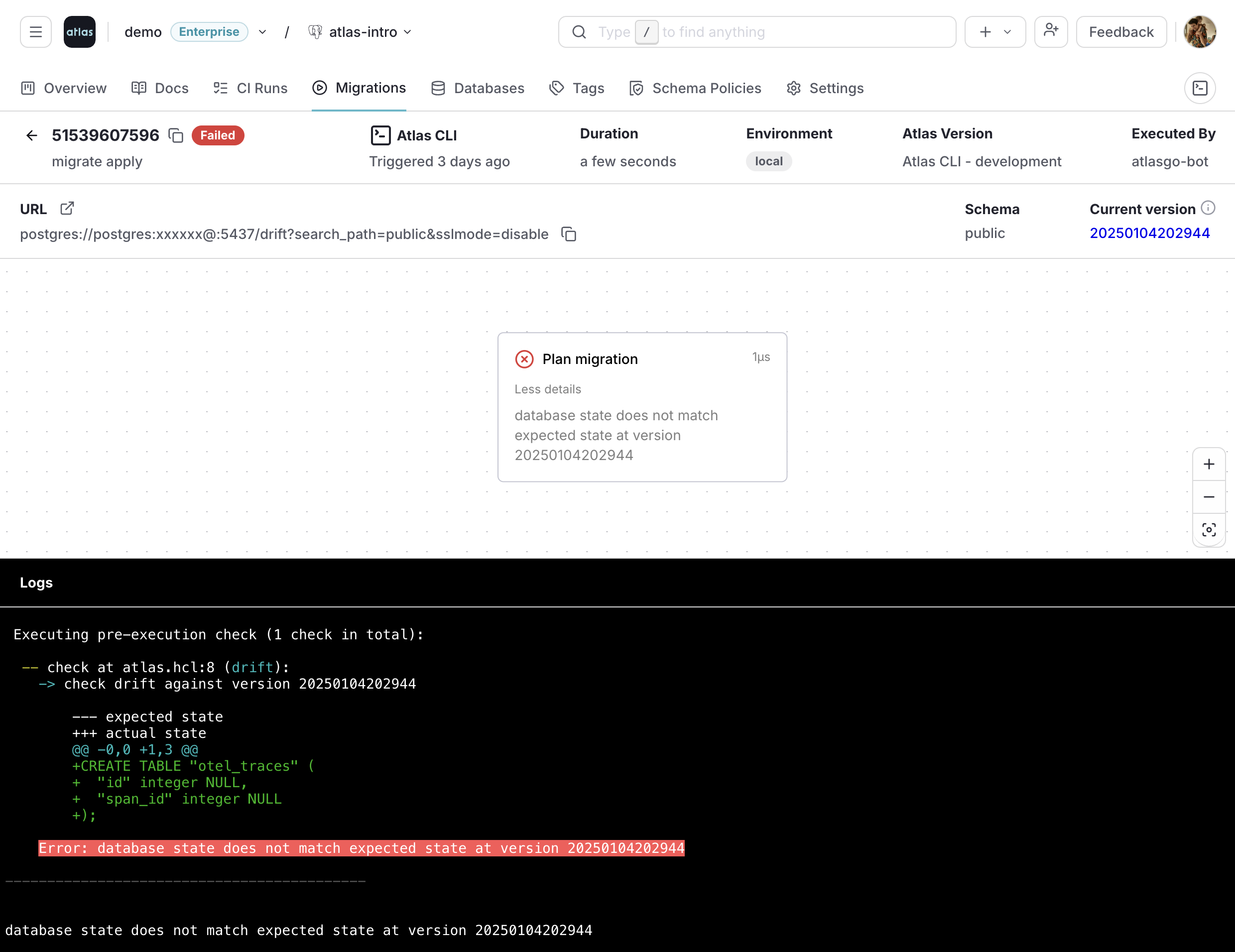 Failed deployment with drift report in Atlas Cloud