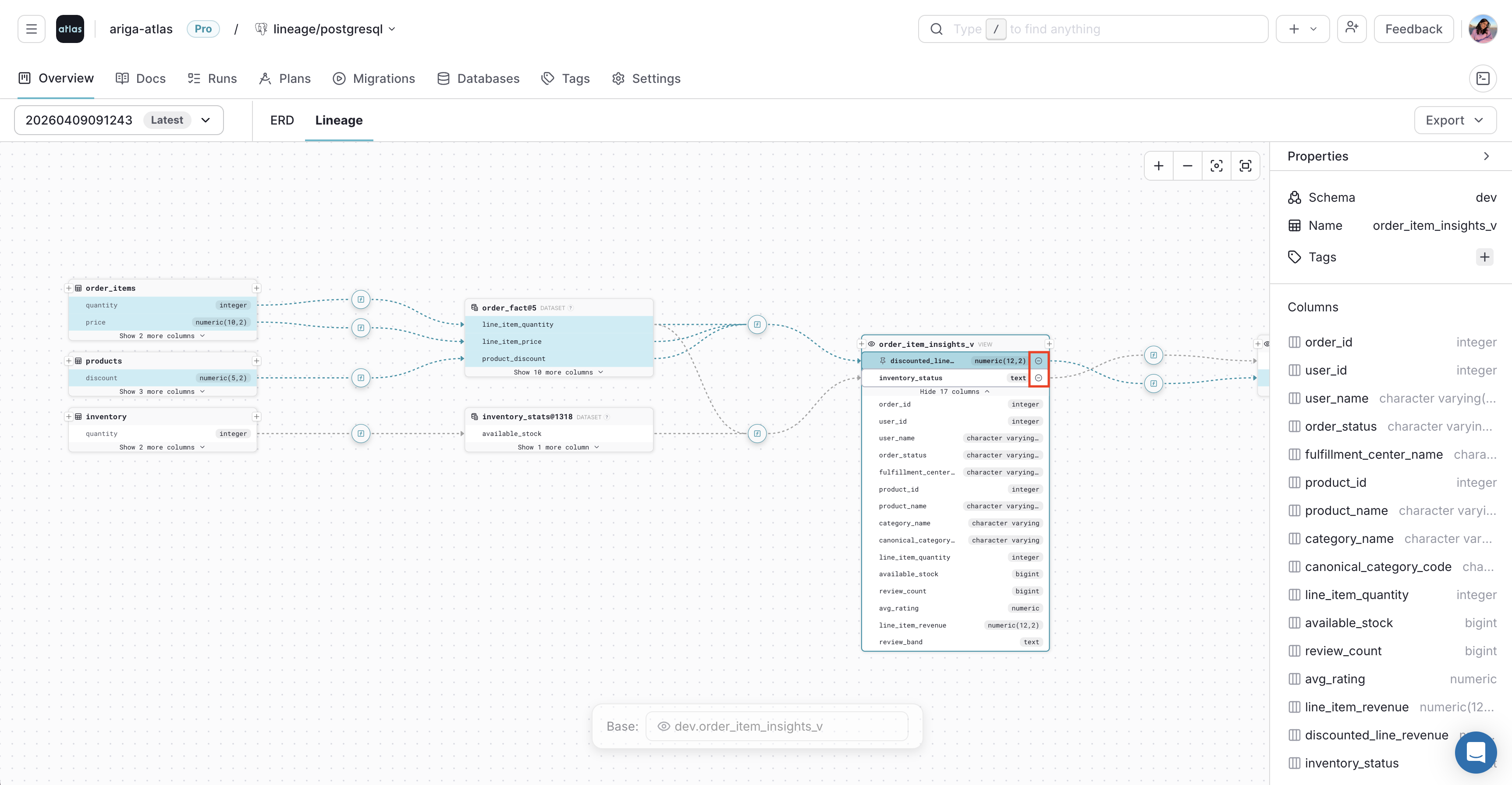 Deselecting a column in the Atlas Cloud lineage graph