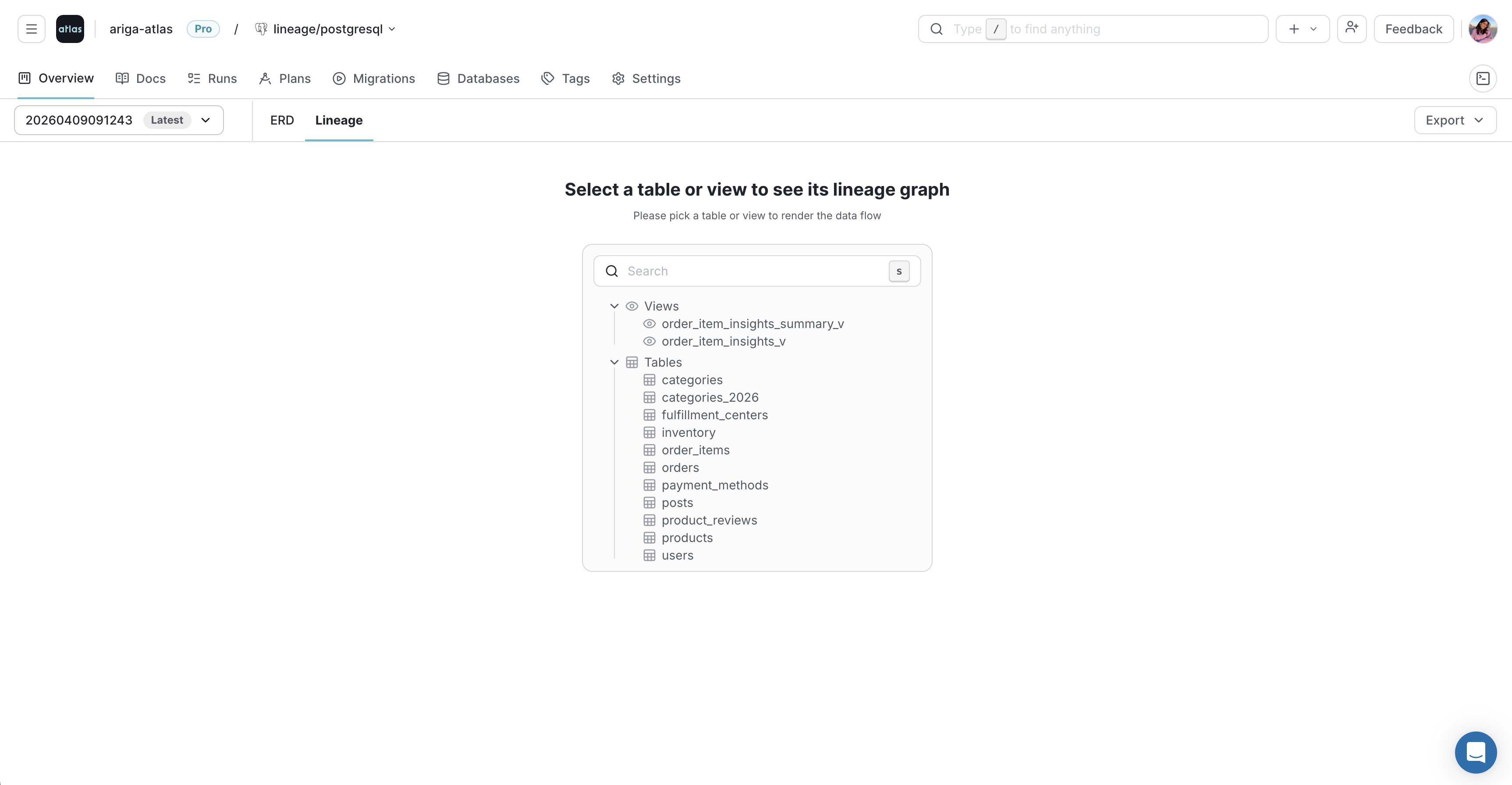 Atlas Cloud overview page with the Lineage tab selected