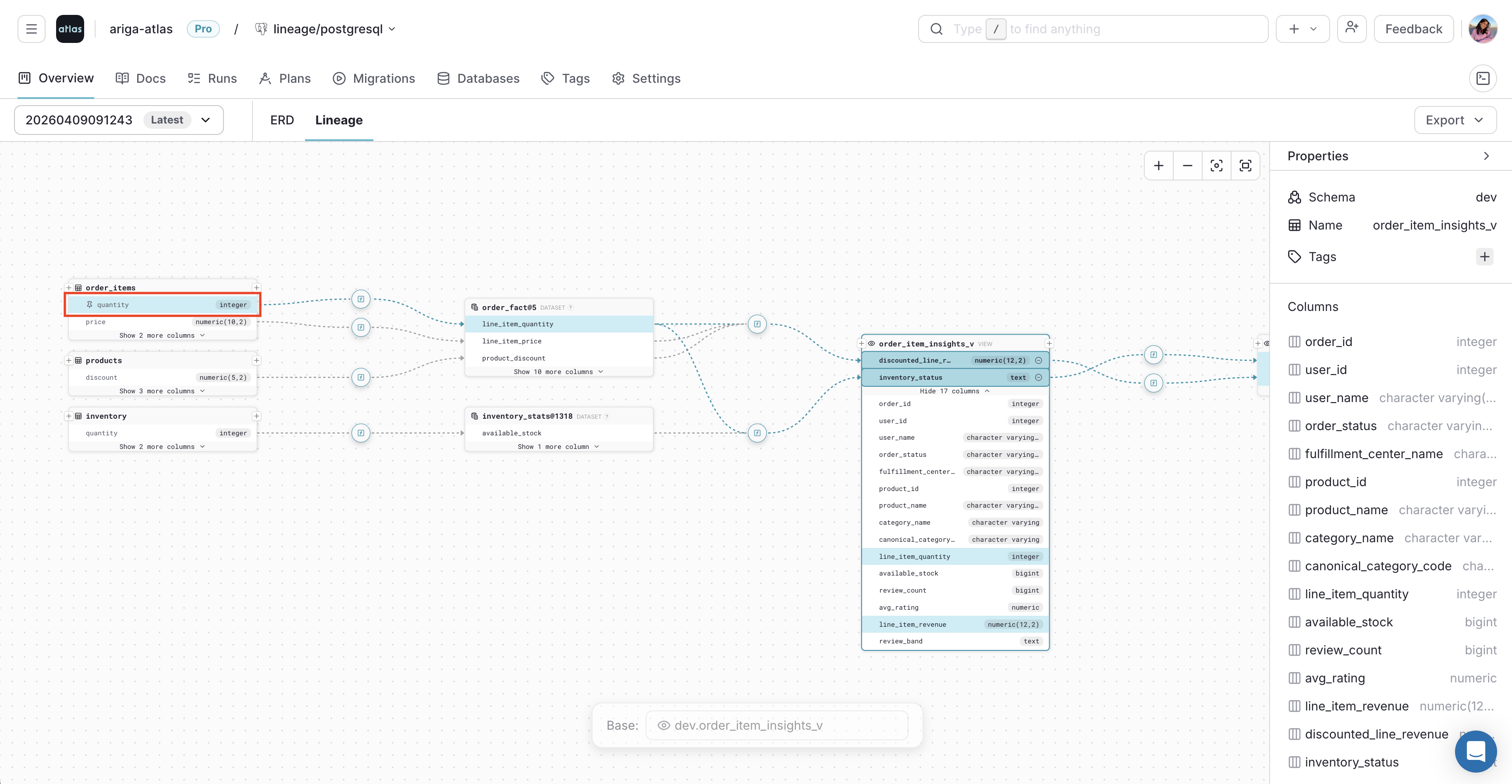 Pinning a related column from the selected lineage path in Atlas Cloud