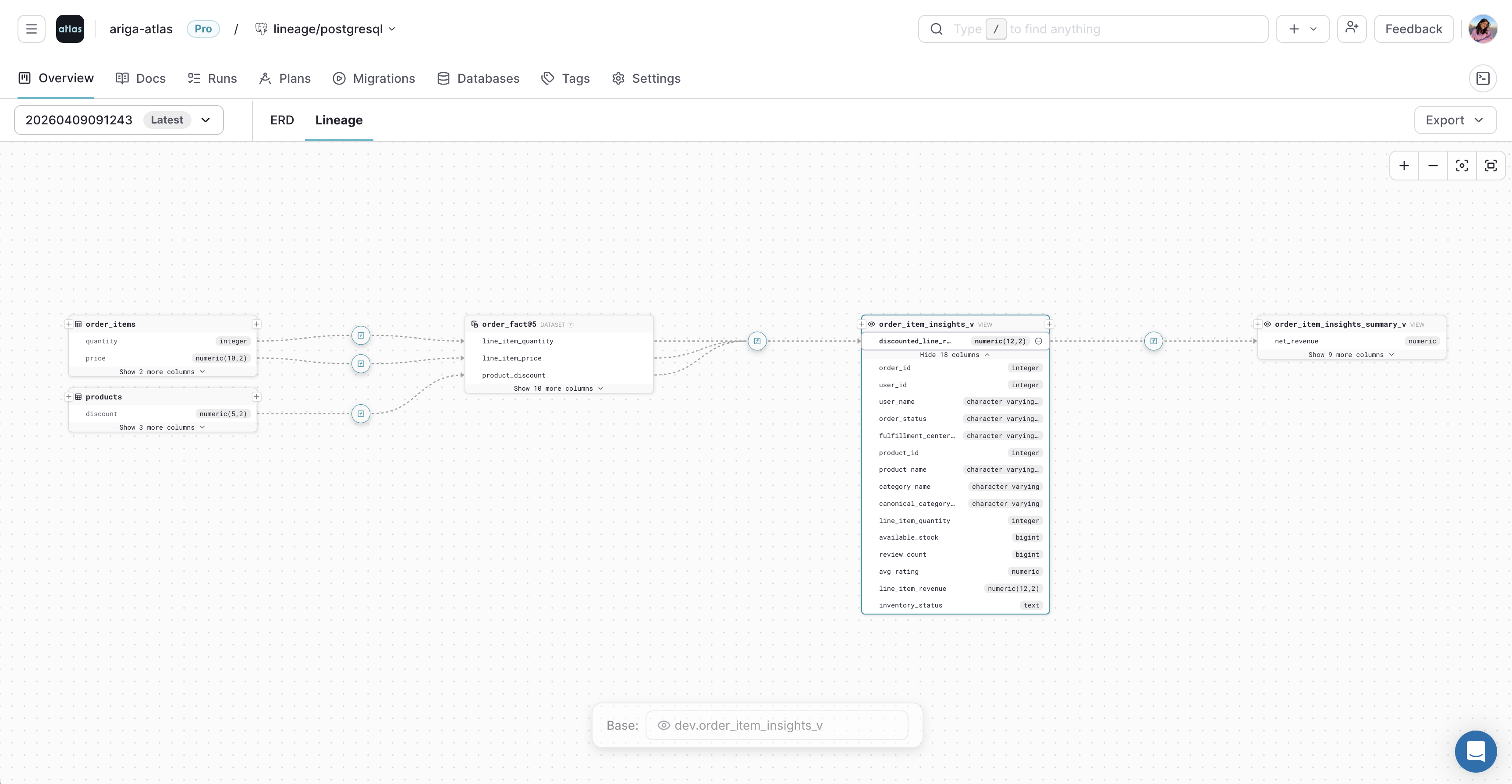 Selecting a column in the Atlas Cloud lineage graph