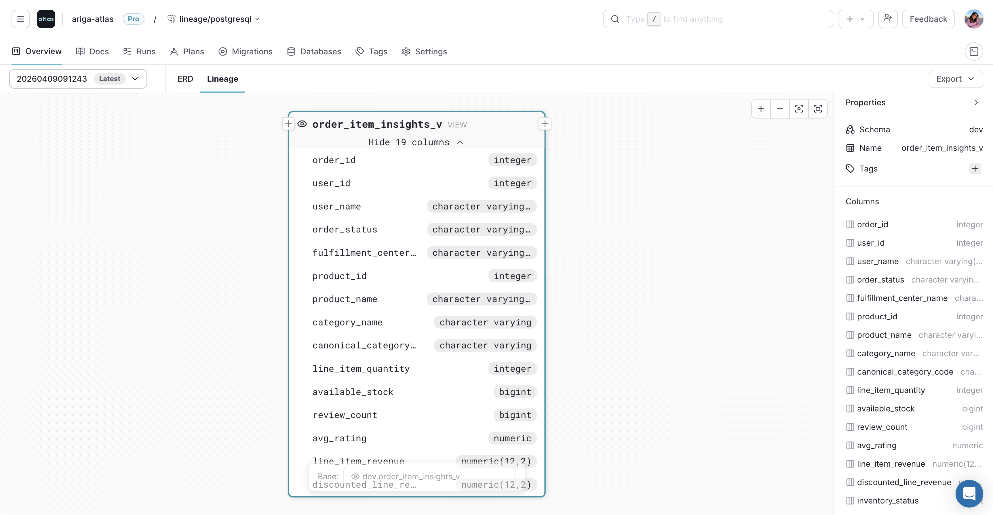 Selecting a table or view in the Atlas Cloud lineage graph