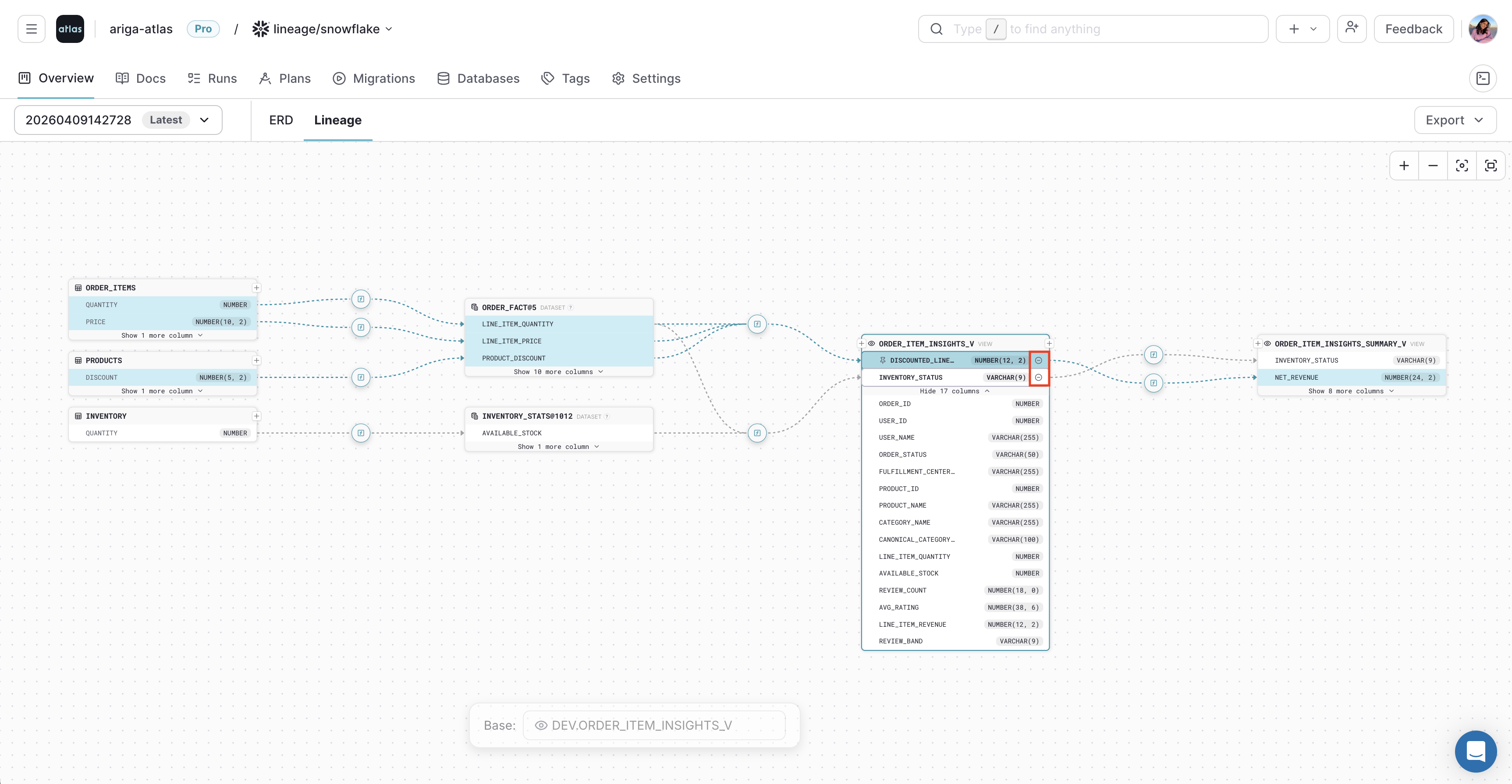 Deselecting a column in the Atlas Cloud lineage graph