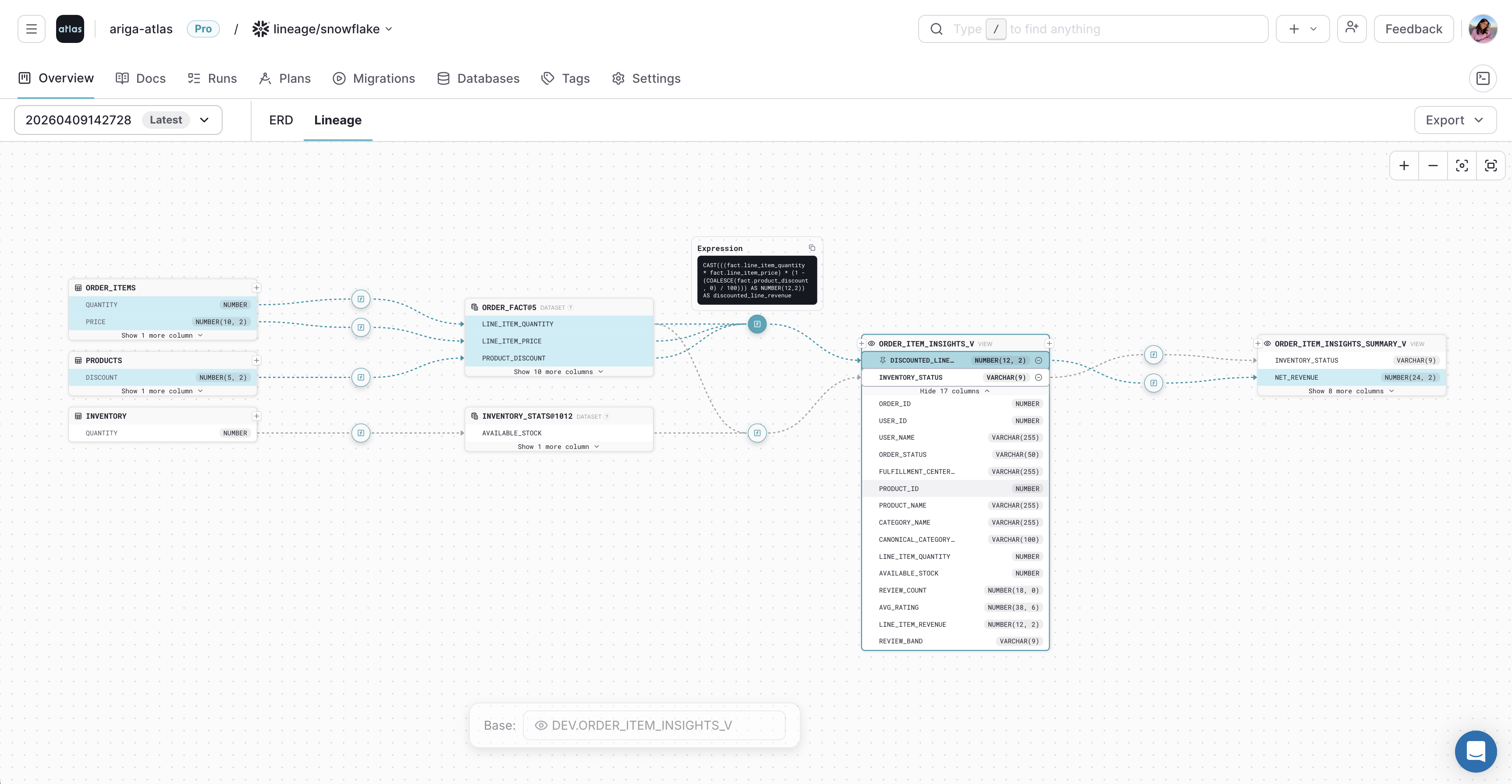 Atlas Cloud lineage graph showing column lineage with a pinned expression