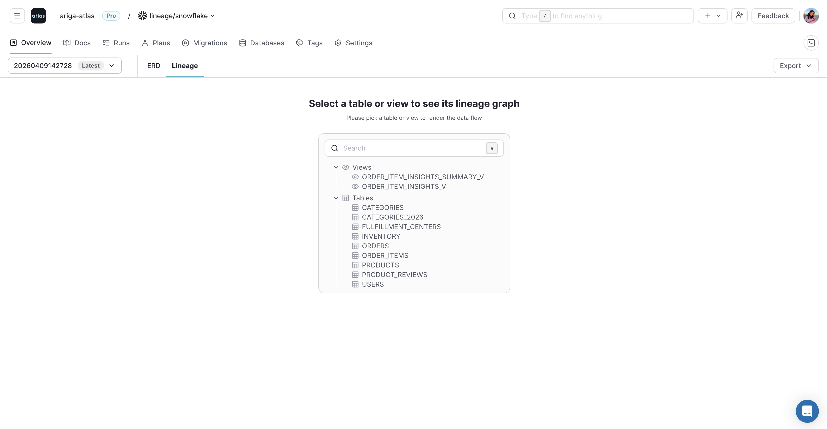 Atlas Cloud overview page with the Lineage tab selected