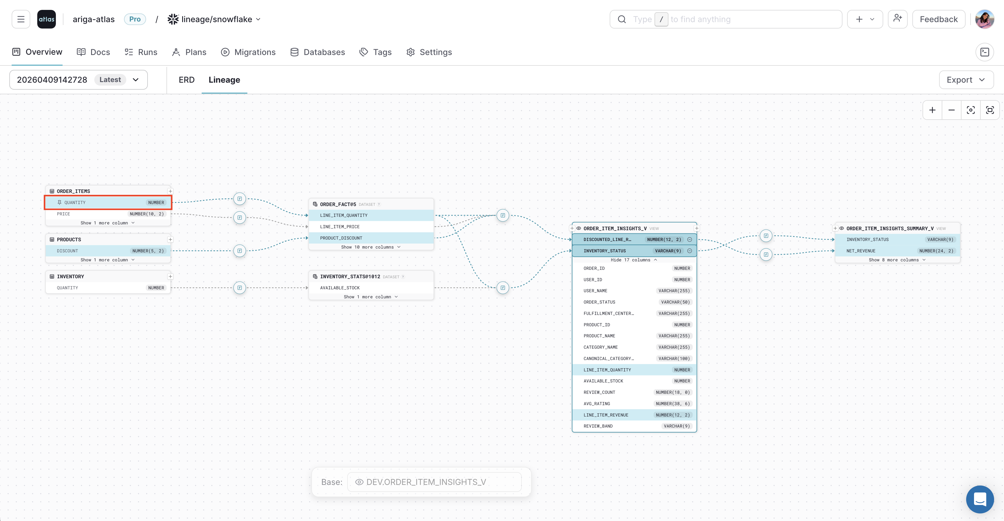Pinning a related column from the selected lineage path in Atlas Cloud