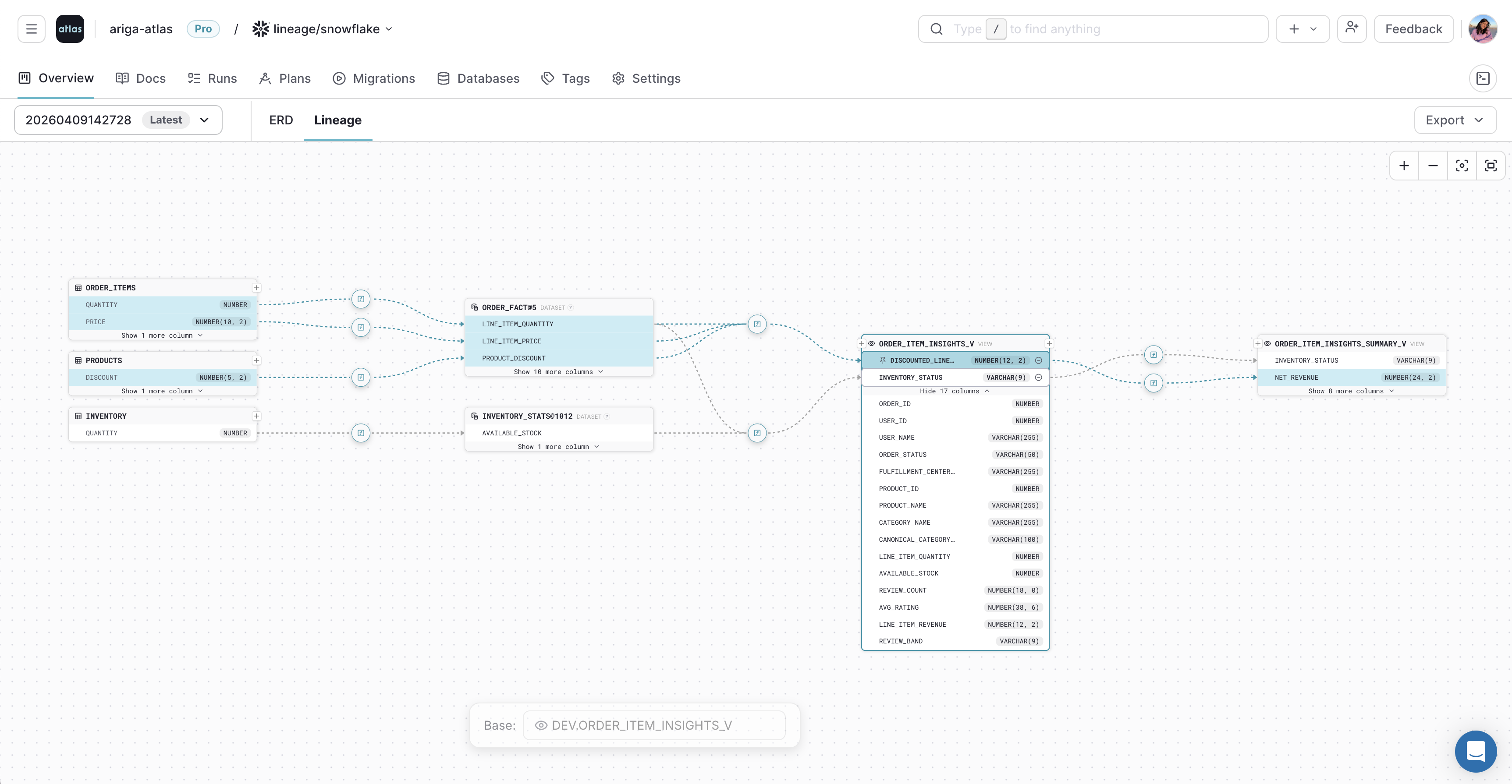 Pinning a selected column in the Atlas Cloud lineage graph
